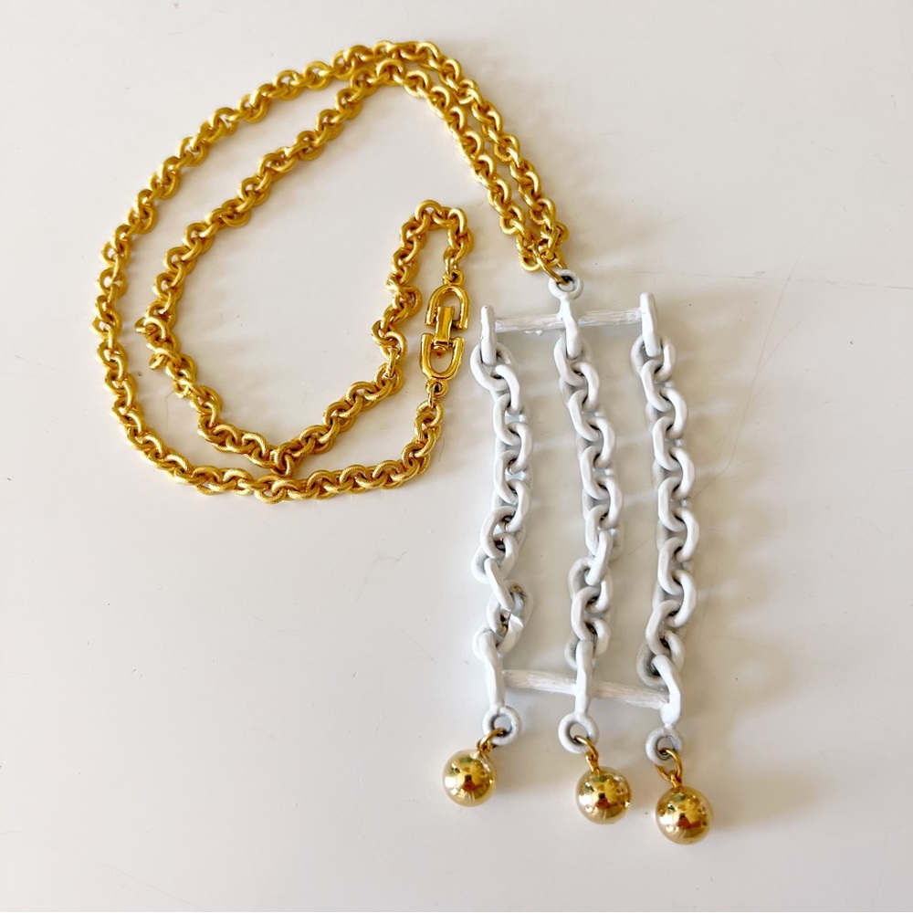 Vintage 60s Roget Necklace Gold White Metal Modernist MCM Pendant Chain - Picture 3 of 8